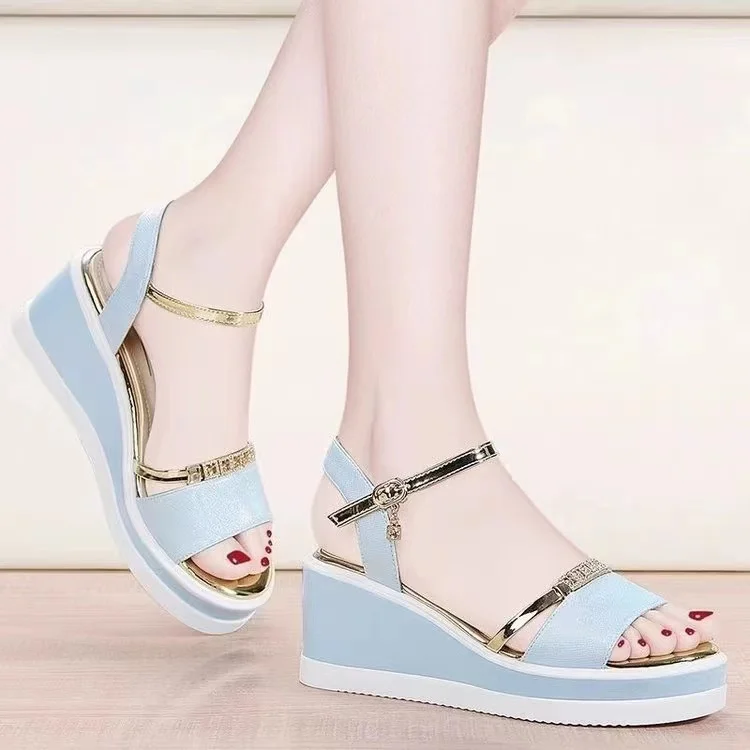 custom Casual Girls Sandals Solid Color Fish Mouth Open Toe Wedge Heel Sequins Ankle Belt Buckle Women Sandals