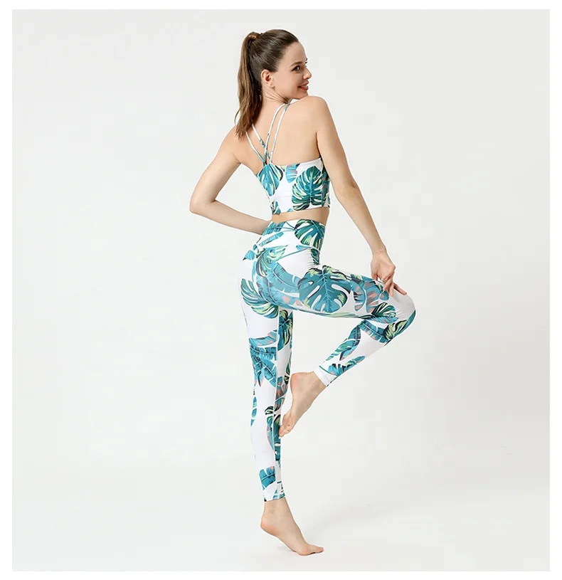  Спортивный комплект с бюстгальтером и штанами для йоги женская одежда фитнеса на одно плечо красивой спинкой из 2 предметов укороченным топом спортивная