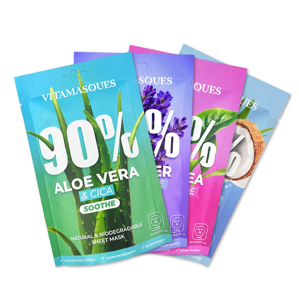 High quality custom cosmetic bags 3 side seal heat seal aluminum foil luxury pouch sheet mask cosmetic packaging with hang hole