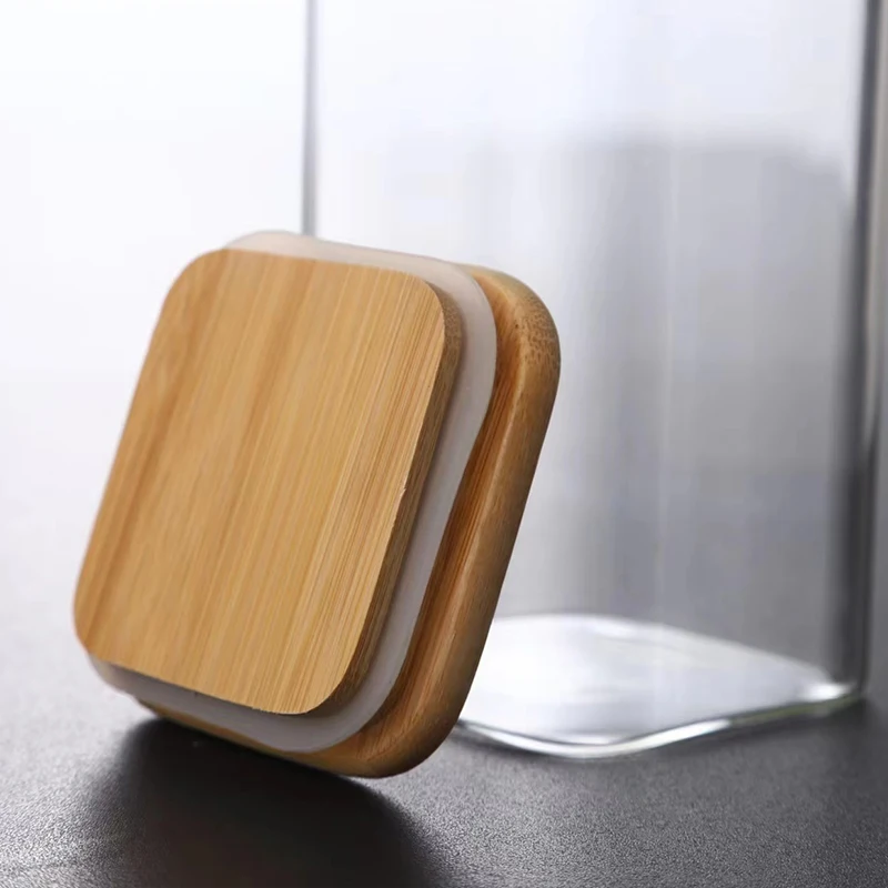 Custom Square Borosilicate Glass Storage Glass Spice Bottles &Jar With Airtight Bamboo Wooden Lid Stackable Kitchen Canisters