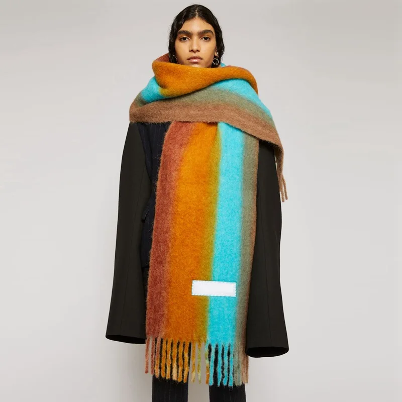 Matching spray-dyed scarf for women new autumn and winter thickened cashmere-like shawl striped gradient plaid scarf