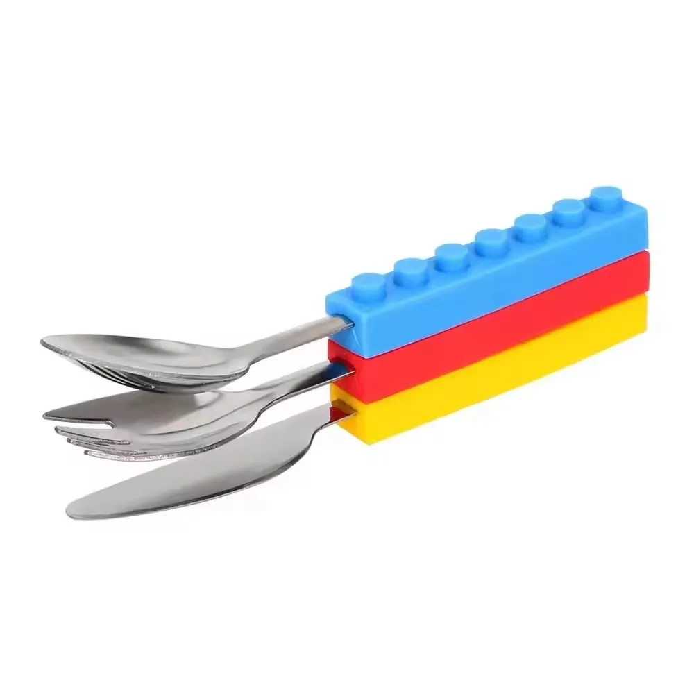 Children Day Gift Building Block Cutlery Set Kids Toddler Spoon And Fork Set With Silicone Handle