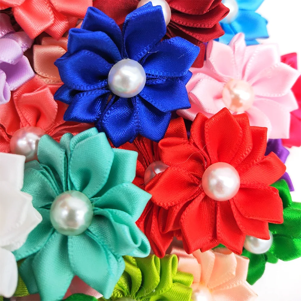 Colorful Pearl Decorated Dog Hair Bows Silk Flowers Pet Grooming Accessories Sweet Polyester Animal Small Animals Hair Ornaments