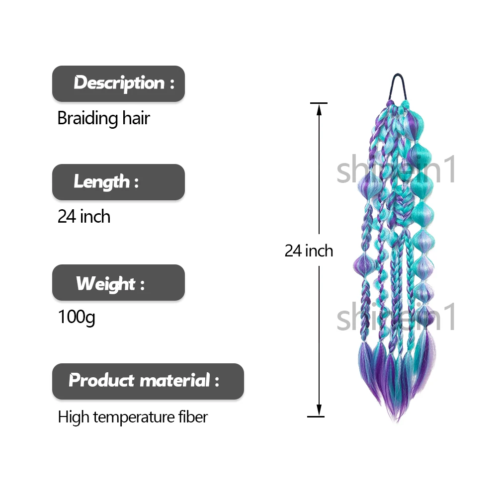 Wholesale 24inch Cosplay Handmade Crochet Colored Hair Extensions Synthetic Bubble Braid Hair Ponytail with Rubber Bands