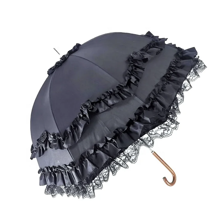 Gothic Lolita Lace Wood Handle J Shape Wedding Sunshade Sombrilla Umbrella For Ladies 23 Inch