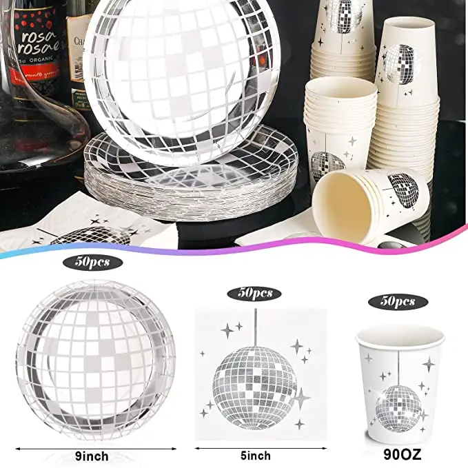 Pafu Disco Wedding Party Picnic Travel Disco Ball Dinner Plates Paper Cups Napkins 70s Disco Party Supplies
