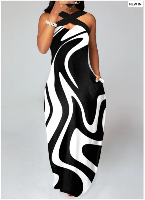 Casual Dress Print Women 2023 Criss Cross Geometric Print Black Maxi Dress