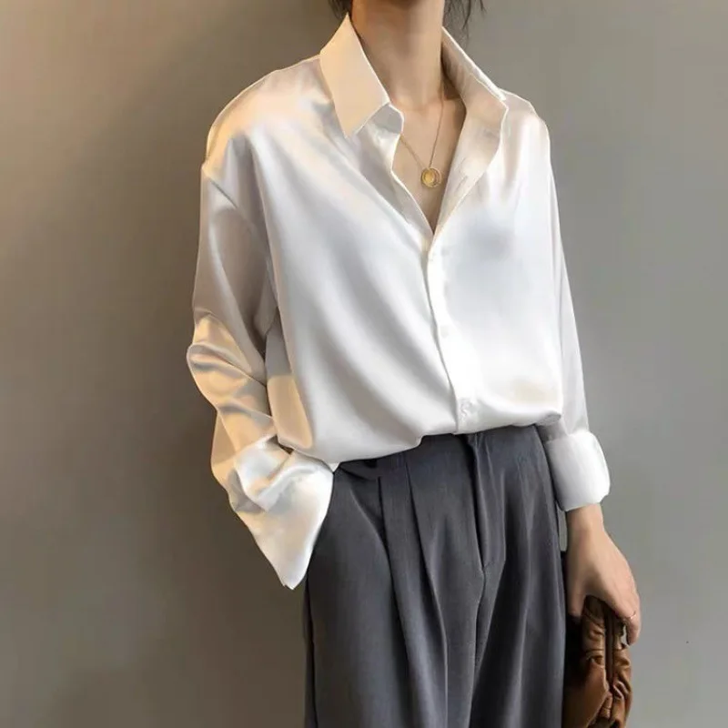 2021 New Summer Women Fashion Long Sleeves T Shirt Satin Blouse Vintage Femme V Neck Street Shirts Elegant Silk Blouse