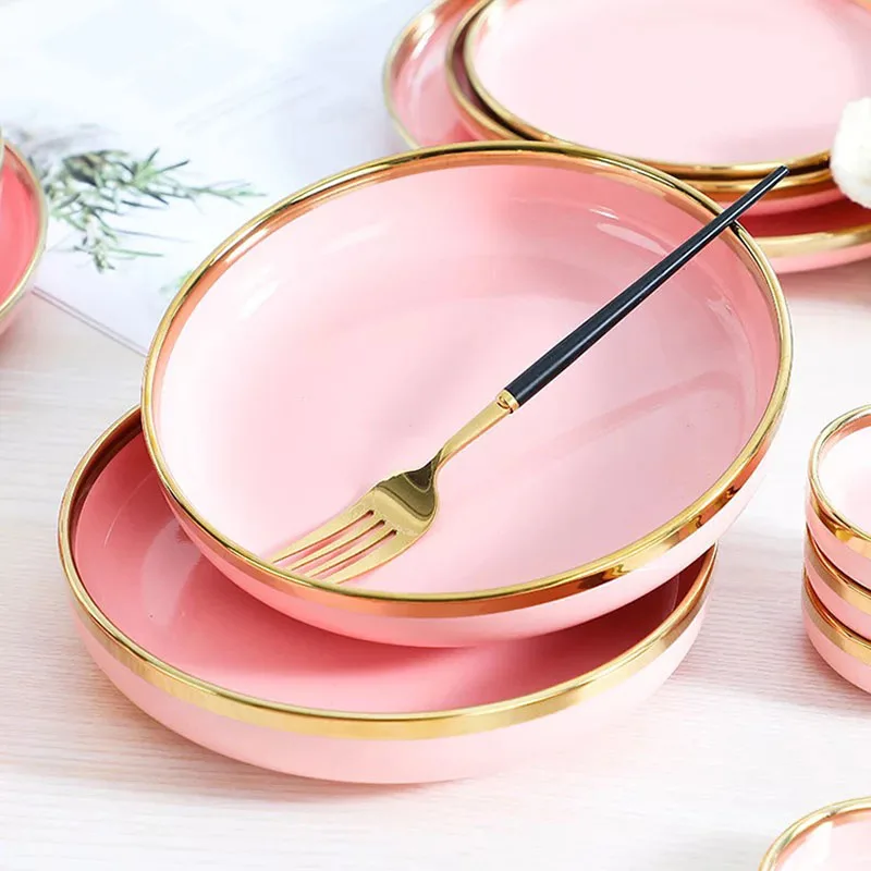 Cheap Wholesale Restaurant Hotel Bone china Fine Ceramic New Style Chinese Porcelain Pink Dinner Set Dinnerware