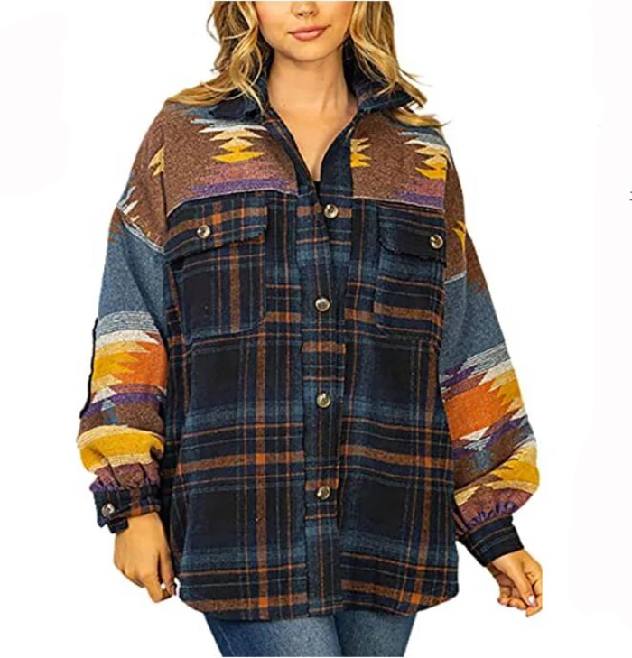 Women Fashion Button Pocket Woolen Coat Stylish Western Ethic Aztec Print Plaid Patchwork Jacket