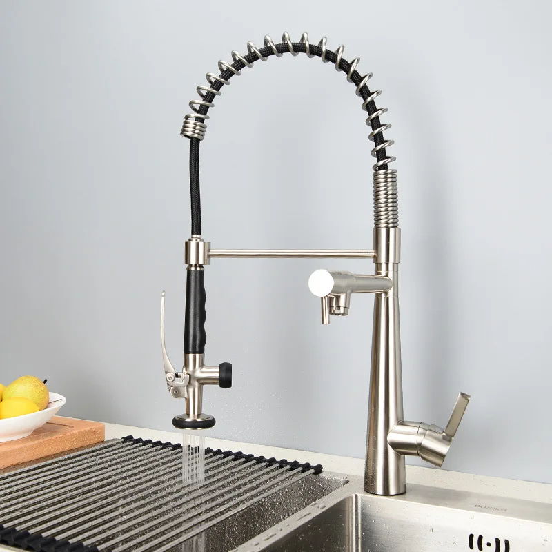 Kitchen Faucets Commercial Solid Brass Single Handle Single Lever Pull Down Sprayer Spring Kitchen Sink Faucet, Matte Black