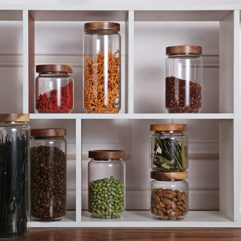 Kitchen Storage Jars Food storage container spice Jar High borosilicate Air Tight glass with bamboo 6.5cm diameter 12pcs set