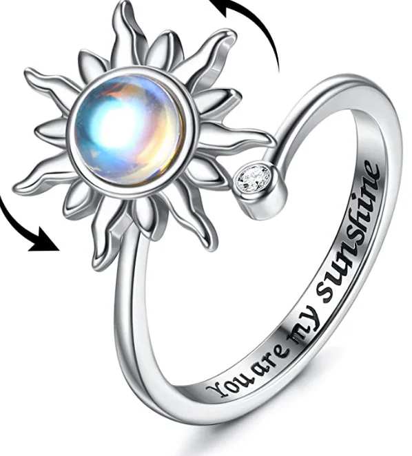 New Rotate Freely Sun Moon Star Fidget Spinner Rings For Women Man Crystal Flower Bee Butterfly Spinning Anti Anxiety Ring