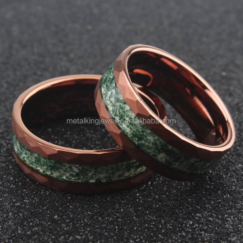 Nature Green Moss Agate Ring, Brown Hammer Tungsten Ring Inlay Moss Agate, Men Wedding Band Trendy Engagement Rings Unisex Rings