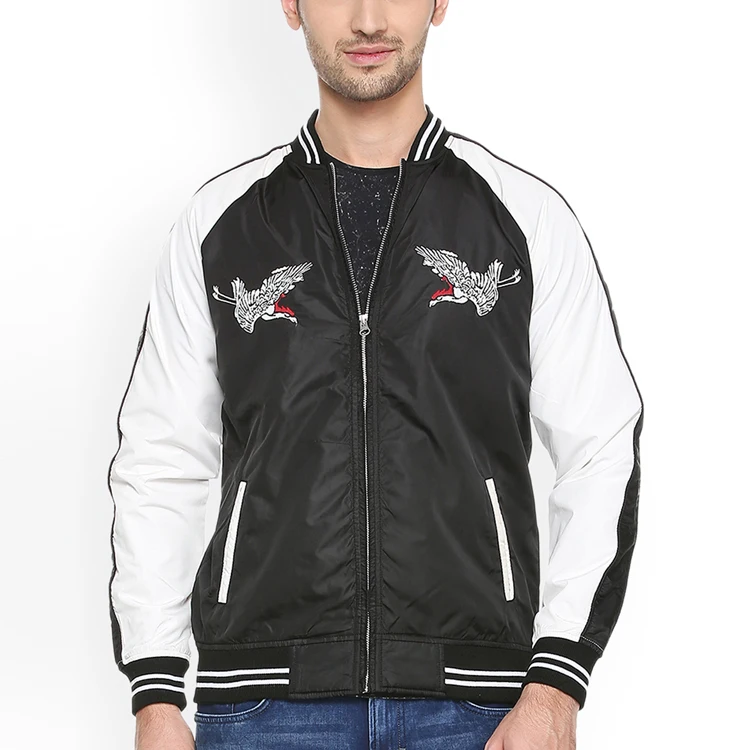 black and white colourblocked raglan sleeve with front chest embroidery satin letterman jackets for mens