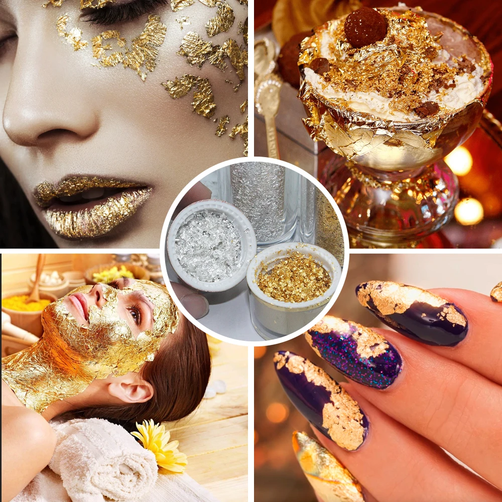 1G One Bottle 99% 24K Genuine Gold And Silver Edible Gold Leaf Flakes For Facial Beauty Cosmetics Food Cake Decoration