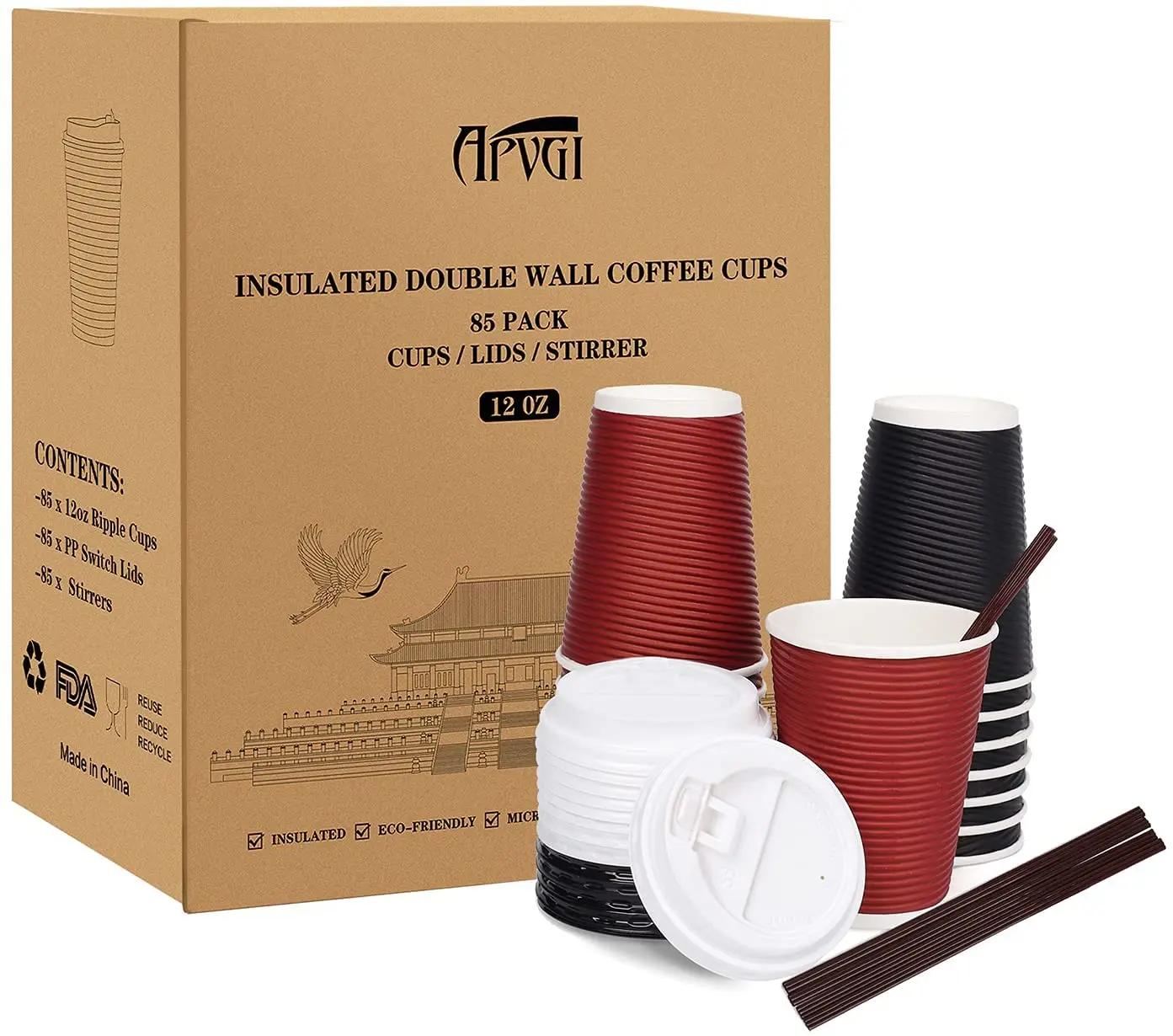 Ripple Wall Paper Coffee Cups with Lids and Straws 12 oz (100 Set) Amazon Hot Paper Cup with Lid To Go for Beverages Espresso