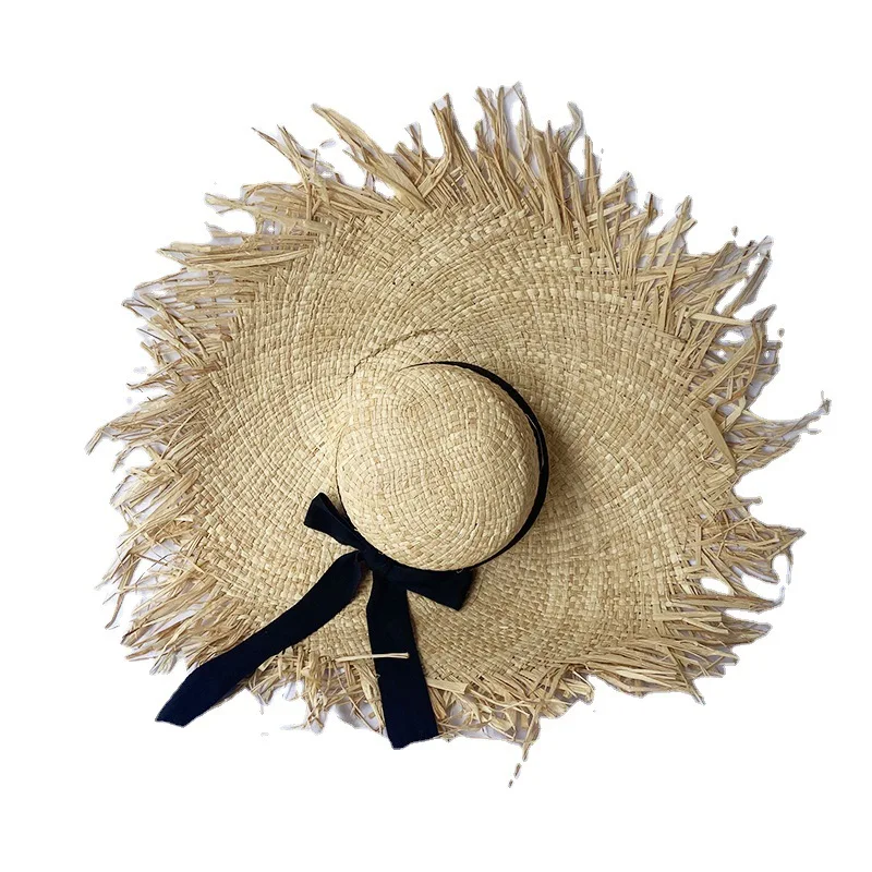 ZG Wholesale summer pure hand knitted raffia tassel Boho straw hat sun beach holiday hats