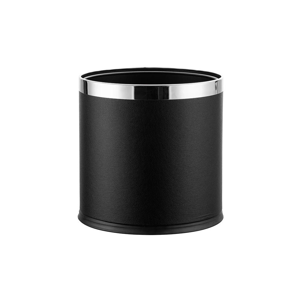 Elegant Double-Layer round Leather and Stainless Steel Guest Room Waste Bin for Hotels and Restaurants