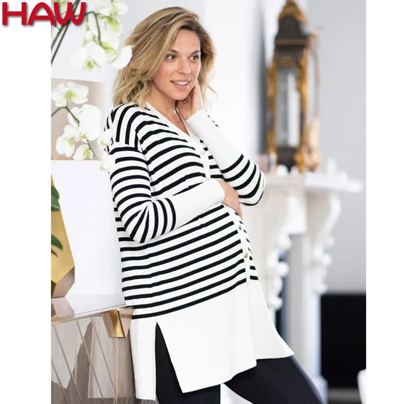 
High Quality Maternity Long Sleeves For Pregnant Nurse Women Striped Cardigan 