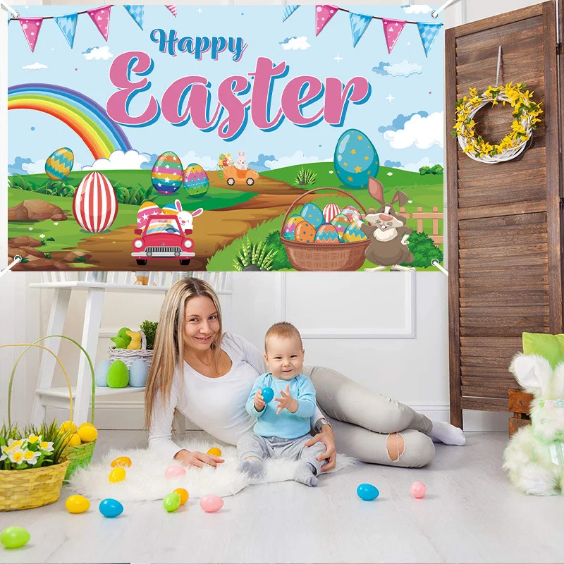 2024 New Easter Banner Decoration Background Cloth Rabbit Egg Garden Flag Easter Flag
