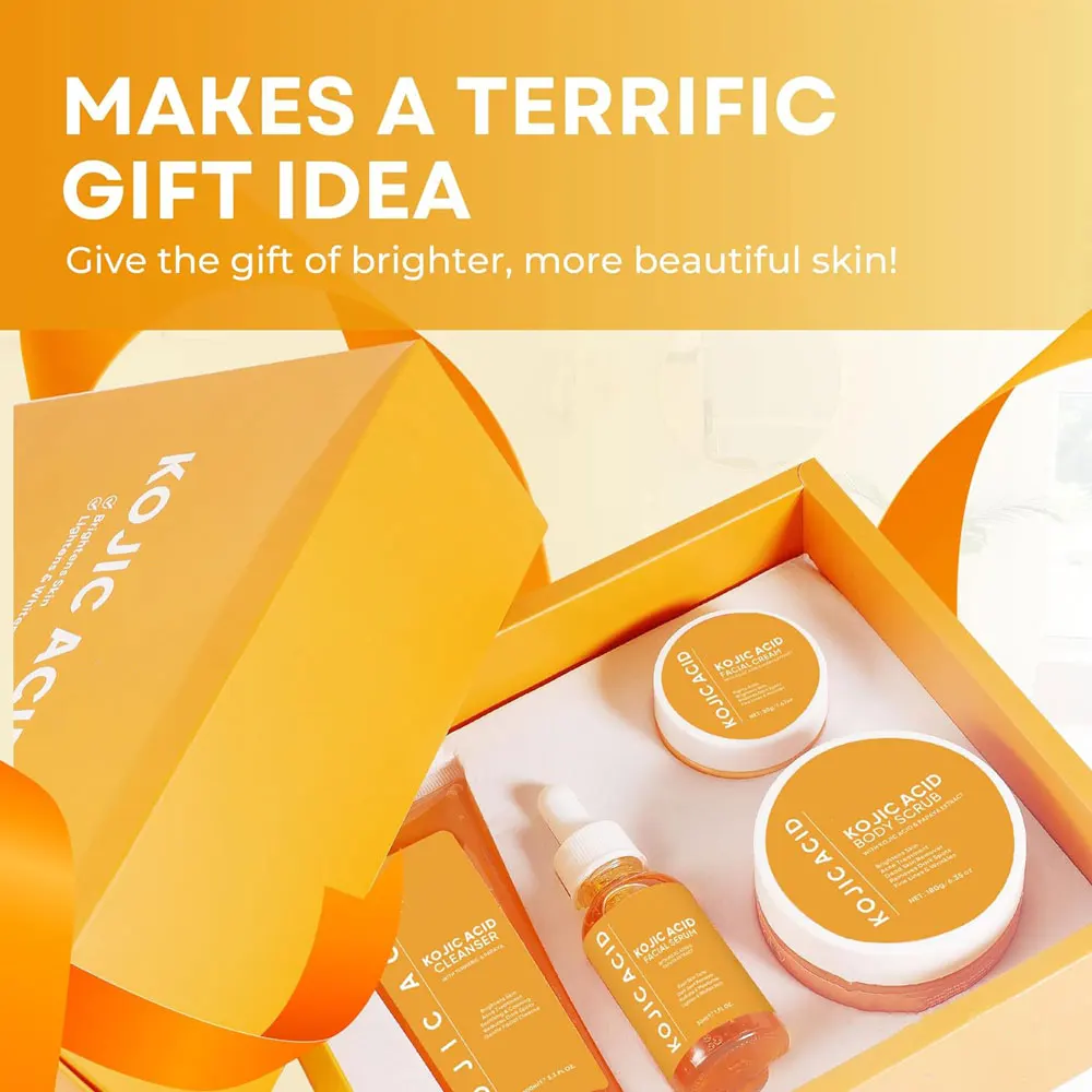 New Beauty Facial Kojic Soap Cleanser, Exfoliating Body Scrub, Face Cream & Brightening Facial Serum Kojic Acid Skincare Set