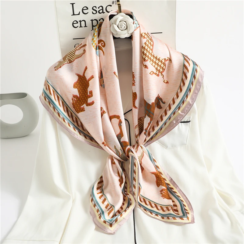 2021 Silk Head Scarf Women Luxury Plaid Print Kerchief Neck Scarfs 90cm Square Polyester Shawls and Wrpas Hair Scarves Bandana