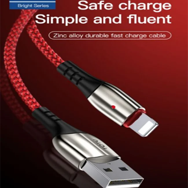 
TOTU BL-002 hot 1.2m 1.8m zinc alloy 3A data kabel for iPhone durable nylon braided USB cable with led light 