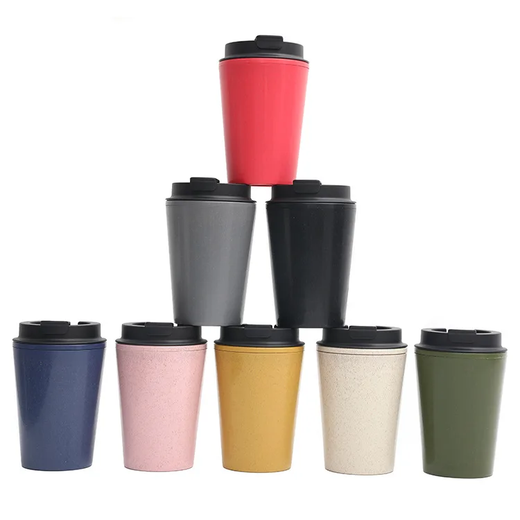 350ml Reusable Plastic Tumbler Leakproof Coffee Mug Plastic Wheat Straw Coffee Cup with Flip Top Lid