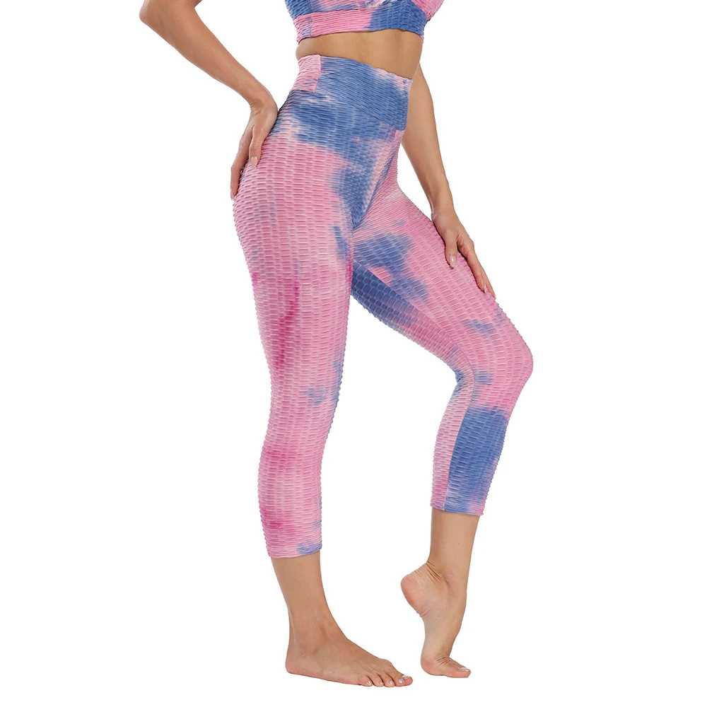 New 300G Thick Booty Scrunch Tie Die High Waist Workout Anti Cellulite Push Up Compression Cropped Capri Leggings For Women