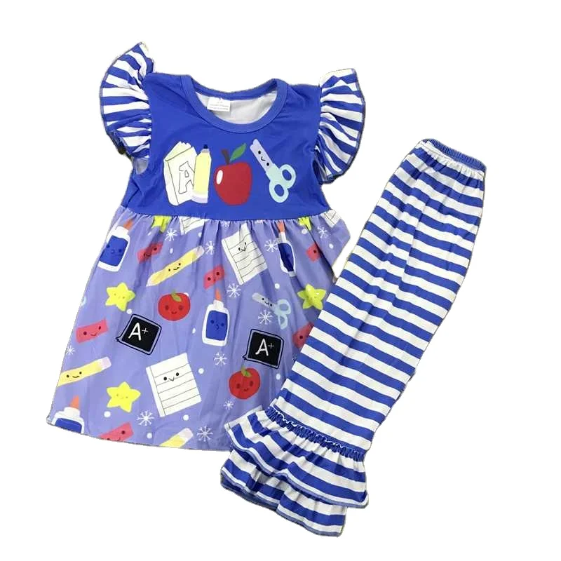 Summer Hot Sale Blue Girls Short Sleeved Long Pants Set Back to School Wholesale Outfits