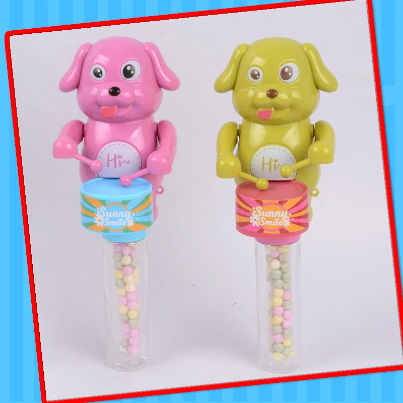 Hot selling plastic animal toy dog drummer toy stick  toy with candy