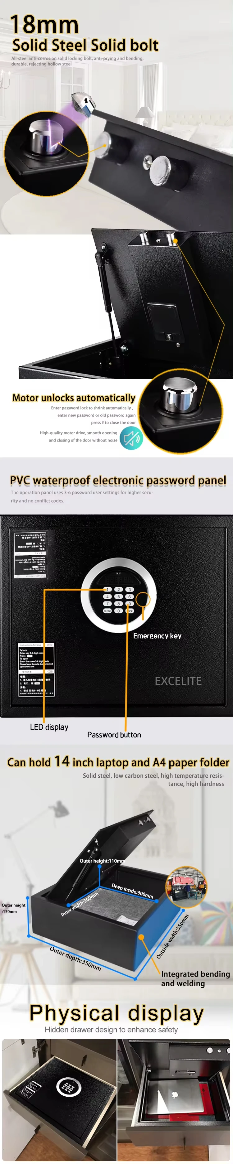 Top Open Laptop Key Security Door Lock Mini Gun Hotel Room Safe Box Electronic Digital Lock Digital Password Hotel Safety Box