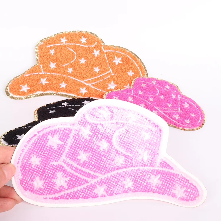 2022 Wholesale hot embroidery iron on patches big heat press gold glitter star cow boy hat shaped chenille patches for clothing