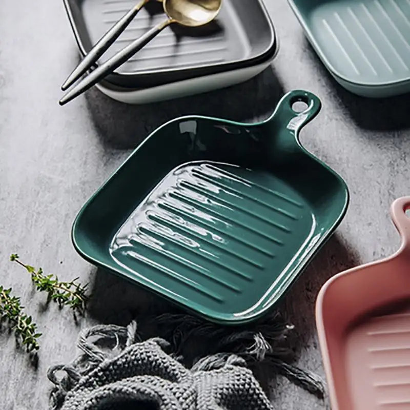 Nordic Breakfast Western Dish Square Baking Handle Porcelain High Quality Ceramic Plates
