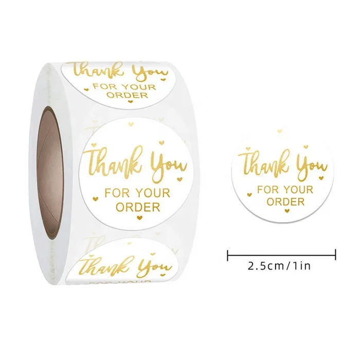 THANK YOU Round Sticker Hot Stamp Gold Foil White Coated Paper Adhesive Sticker in Roll Format for Sealing