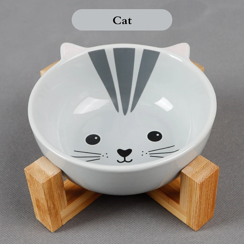 Bowl Dog Food Water Feeder Puppy Ceramic Drinking Dish Bowl With Wooden Rack Pet Tableware