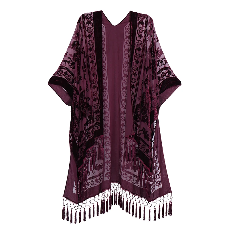 Fashion Tie Dye burnout velvet kimono women velvet cardigan with tassel