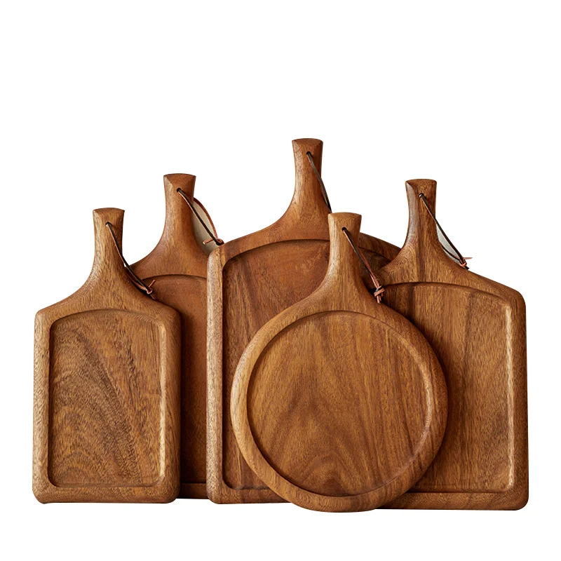 Food Grade Round Wooden Pizza Tray Square Walnut Steak Plate Wood Serving Tray With Handle