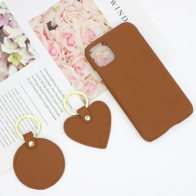 New Customized Gift Set Heart Keychain Genuine Grain Leather Mobile Phone Case for XS MAX 11 12 PRO MAX