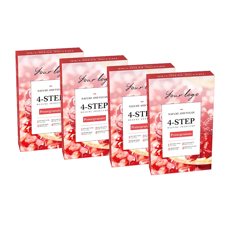Oem Odm Private Label Pomegranate Scent Natural Foot Skin Care Set Detox Sea Salt Soak Pedi A Box 4 Step Spa Pedicure Kit