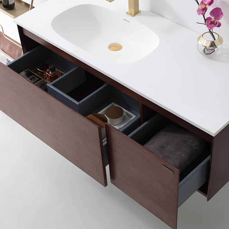 top grade red color solid wood bathroom vanity wall mounted floating cabinet great quality resin stone basin