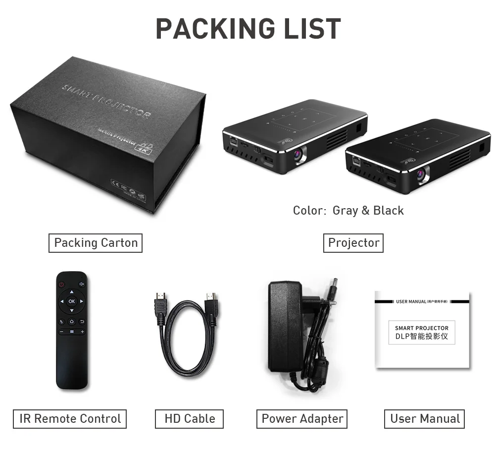 DLP 3D Projector 1080P Wifi 2.4G/5G Support RI Wireless Control BT 4.2 Android 9.0 for Camping Living Room