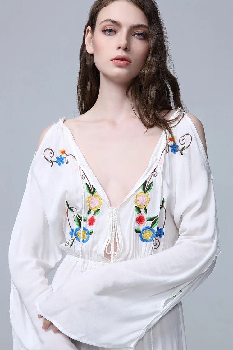 2022 Women's Floral Embroidery Loose Dress Long Sleeve Ruffles Chic Vintage Maxi Dress White Ethnic Party Elegant Dress Vest