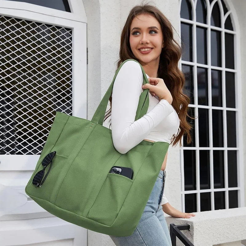 Hot large size colored beach women handbag calico canvas tote bag heavy duty vintage green canvas tote bag with magnet closure