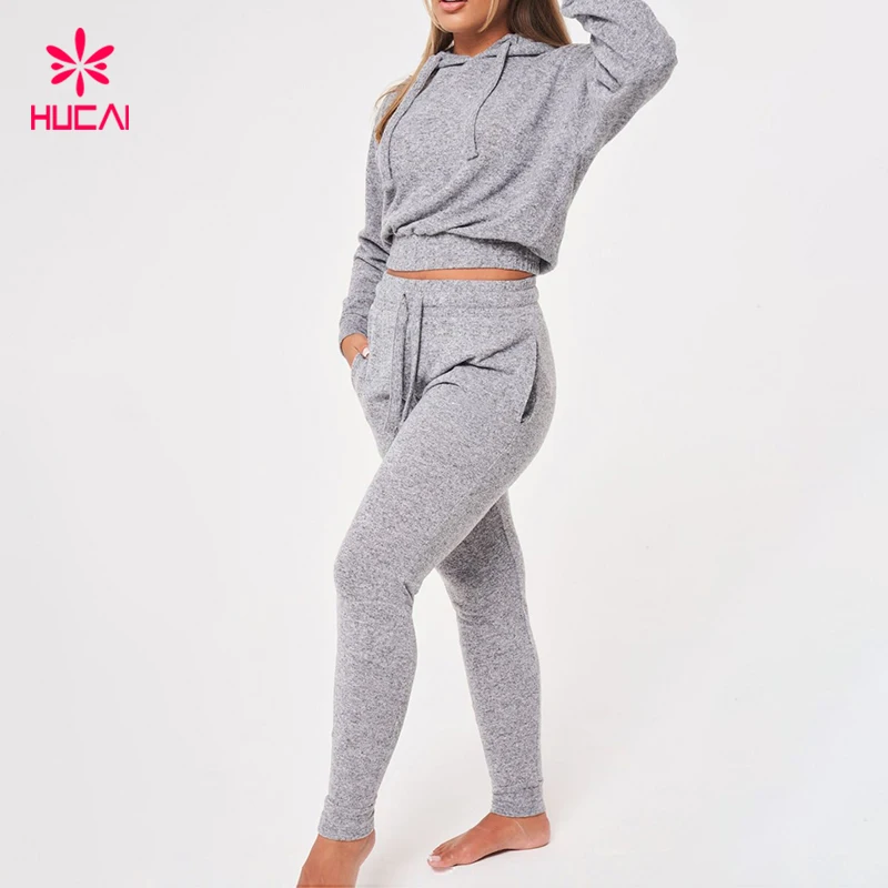 Custom new hucai High Quality Women grey cotton crop top sweatpants velour sweat suits sweatsuit sets women