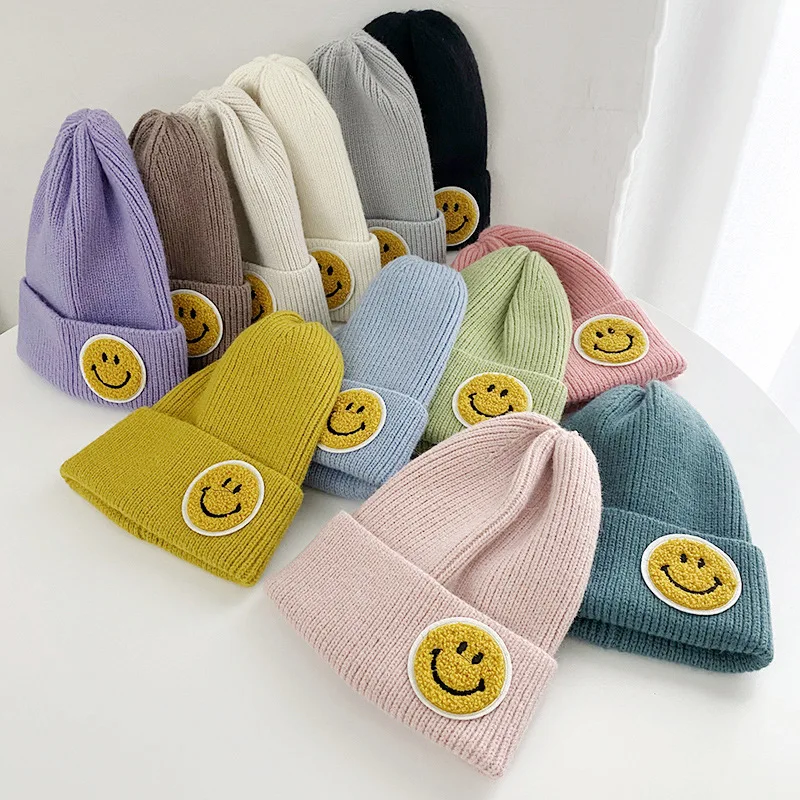 Fall Winter Candy Smile Thick Winter Hat Women Black Girls Wool Handmade Knitted Hats