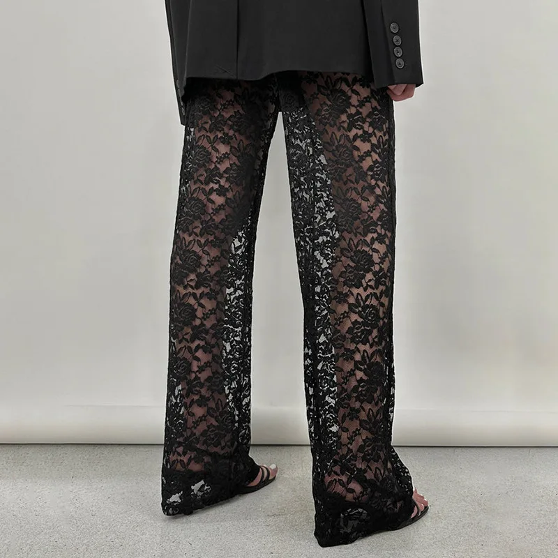 PB  Summer hot new product sexy versatile lace see-through high-waisted spliced long straight pants for women