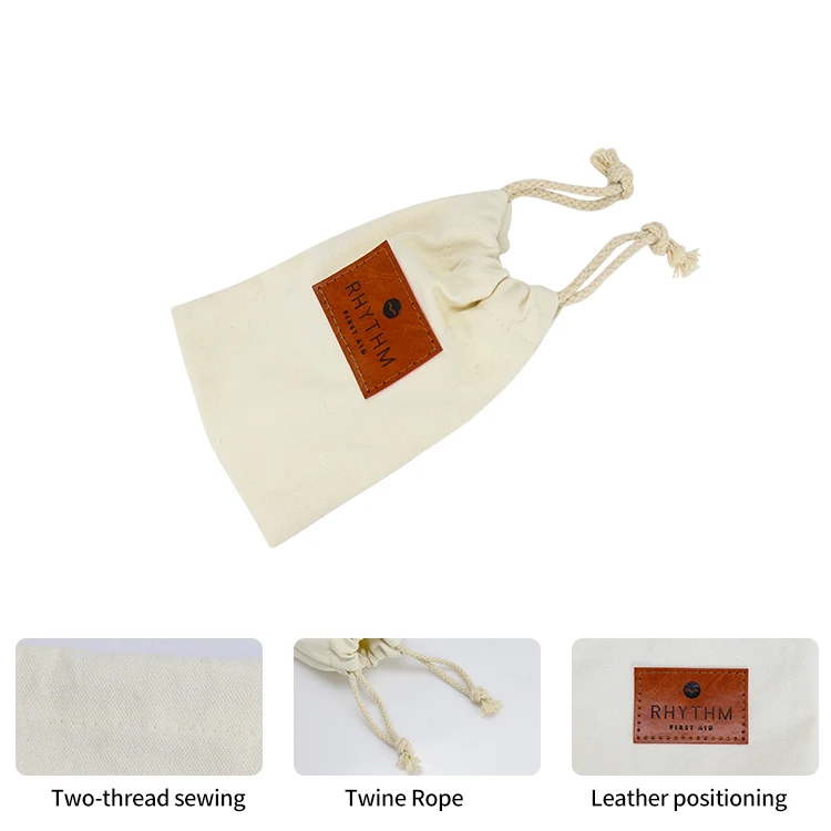 Organic Cotton Canvas Bags Drawstring Cotton Bag Small Gift Bag For Jewelry Muslin Cotton Linen Pouch With PU Leather Label