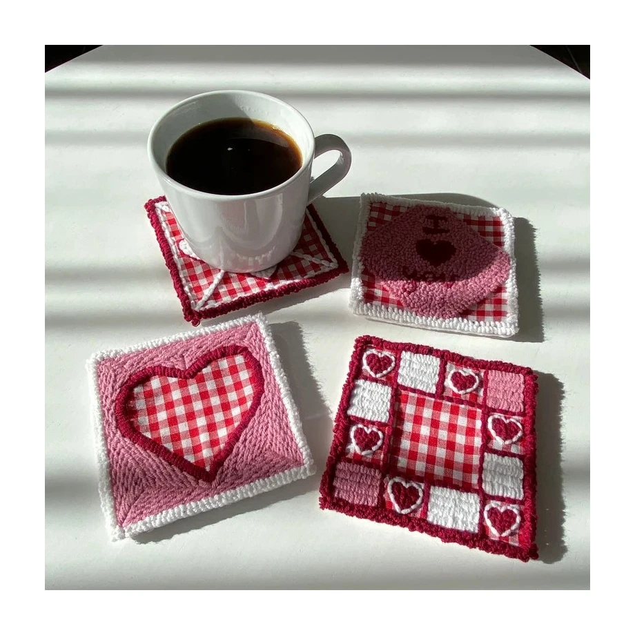 Great easy Heart Pattern punch needle Coaster pink heart Handmade Mug Rug for Birthday Gifts